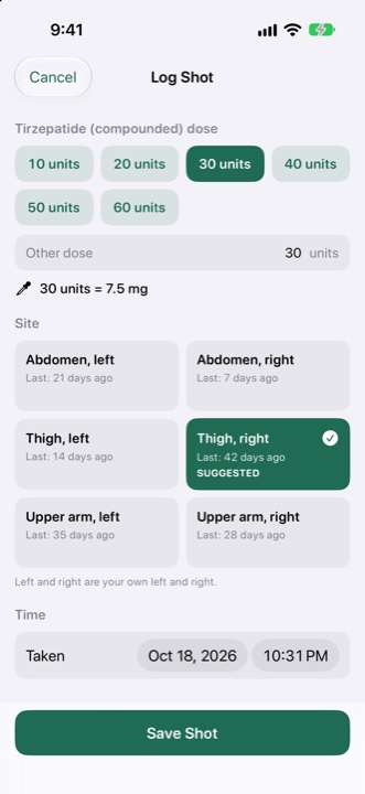 Log Shot screen with dose and site picker