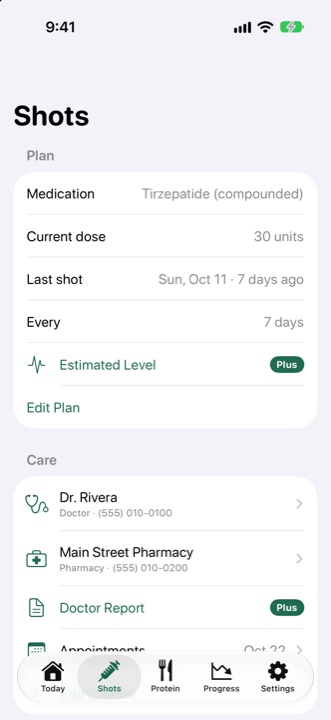 Shots screen with plan and care
